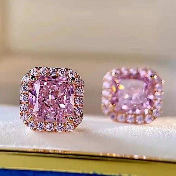 Pink Gemstone Zircon Stud Earrings, Wedding, Bridal, Anniversary - Picture 3 of 7